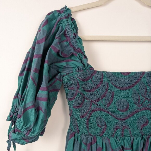 Porridge Smocked Peasant Top Teal Purple Leaf Print Cotton – Women’s M - Picture 4 of 11